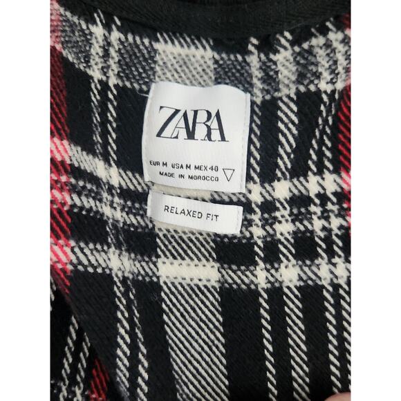 Zara Mens Medium Plaid Overshirt Shacket Button Up Hooded Jacket Black Red Shirt - Picture 5 of 8